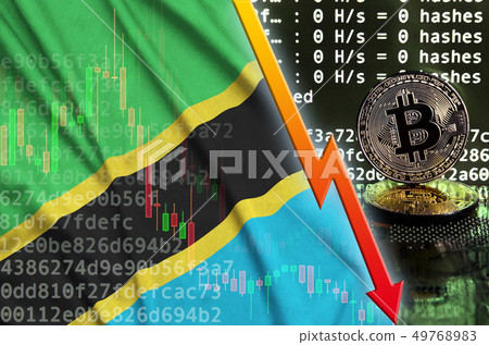 Tanzania flag and falling red arrow on bitcoin Tanzania flag and falling red arrow on bitcoin 49768983