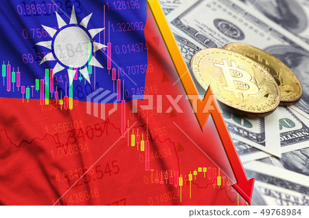 Taiwan flag and cryptocurrency falling trend with 49768984