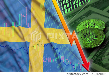 Sweden flag and cryptocurrency falling trend with Sweden flag and cryptocurrency falling trend with 49769006