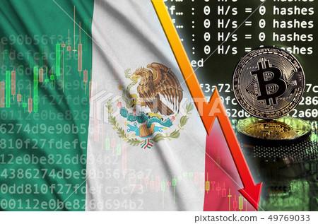Mexico flag and falling red arrow on bitcoin Mexico flag and falling red arrow on bitcoin 49769033