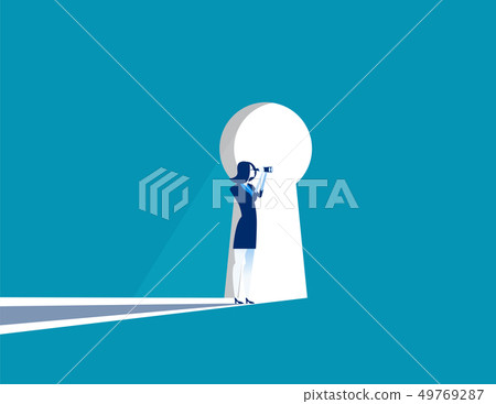 Businesswoman cautious looking out form through Businesswoman cautious looking out form through 49769287