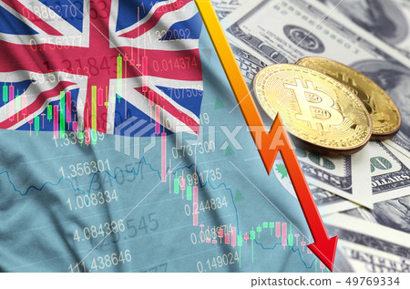 Fiji flag and cryptocurrency falling trend with 49769334