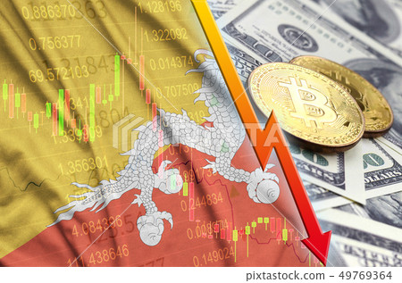 Bhutan flag and cryptocurrency falling trend with Bhutan flag and cryptocurrency falling trend with 49769364