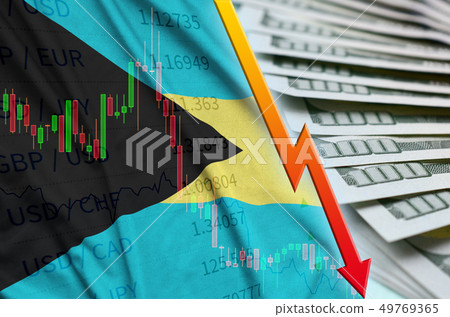 Bahamas flag and chart falling US dollar position Bahamas flag and chart falling US dollar position 49769365