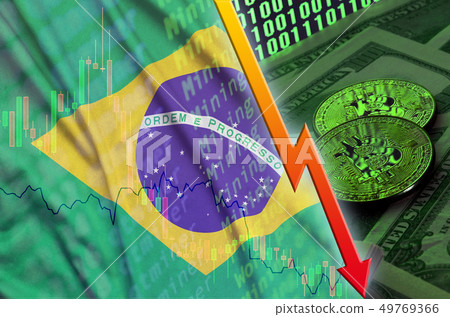 Brazil flag and cryptocurrency falling trend with 49769366