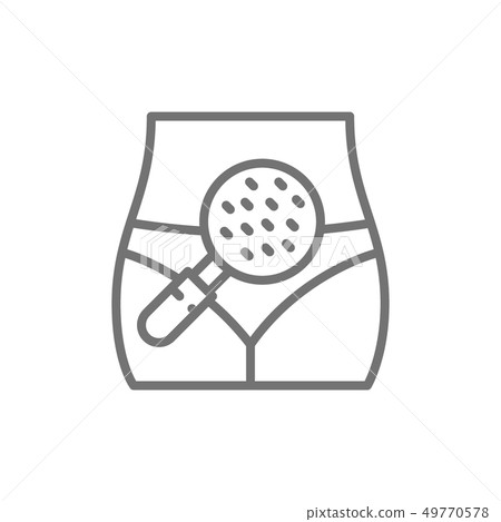 Woman body under magnifier loupe, probiotics, good bacteria line icon. 49770578