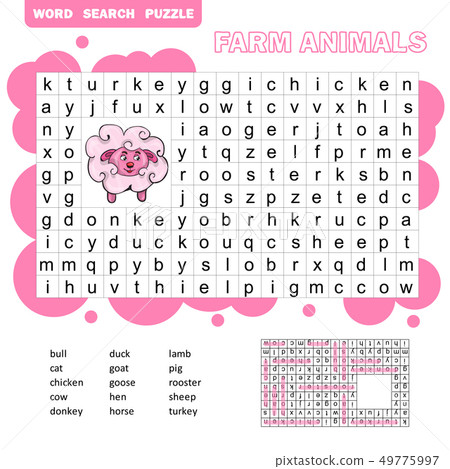 Game for children about farm animals and pets. Word search puzzle 49775997