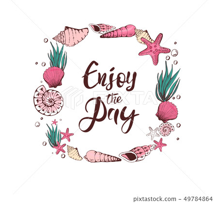 Summer Card Design with Hand Drawn Shells and Sea Stars. Vector illustration. Frame with Place for 49784864