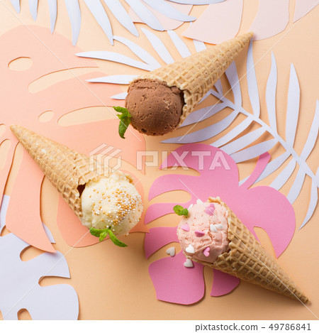 Waffle cones with strawberry, vanilla, chocolate 49786841