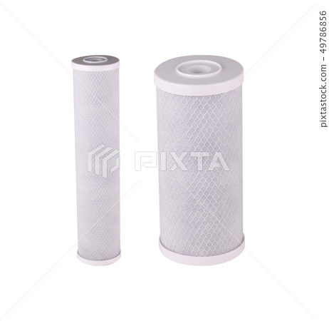 Set filters isolated white background. Carbon cartridge removes sediment, chlorine, organic 49786856