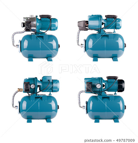 Set automatic water supply stations, isolated white background. Iron pump casing, pressure sensor Set automatic water supply stations, isolated white background. Iron pump casing, pressure sensor 49787009