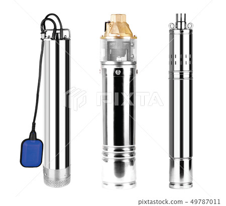 Set pumps with float. Submersible borehole supplying clean water great depth house, watering garden Set pumps with float. Submersible borehole supplying clean water great depth house, watering garden 49787011