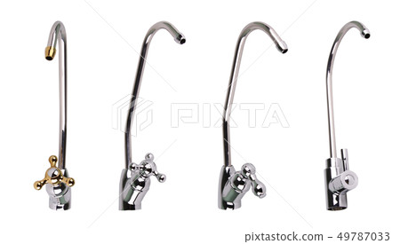 Tap for clean water. Set of metal 4 pcs. Isolated on white background. Application osmosis 49787033