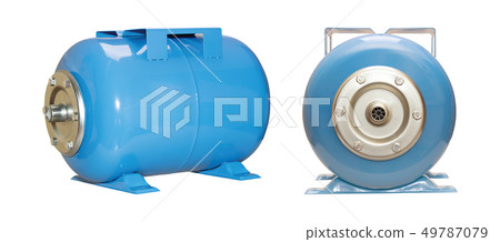 Blue color, hydroaccumulator, water tank. Isolate white background. Metalic legs. Set two. View side 49787079