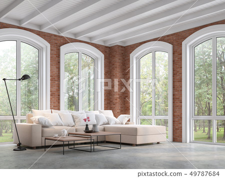 Loft style living room with red brick 3d render 49787684