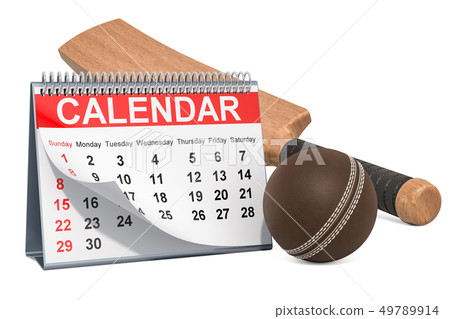 Cricket ball and bat with calendar, cricket events 49789914
