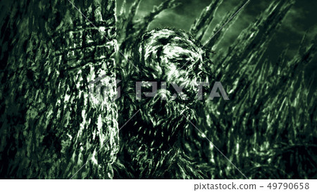 Monster peeps out from behind wall and looks Monster peeps out from behind wall and looks 49790658