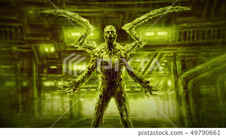 Evil zombie mantis on green background of factory Evil zombie mantis on green background of factory 49790661