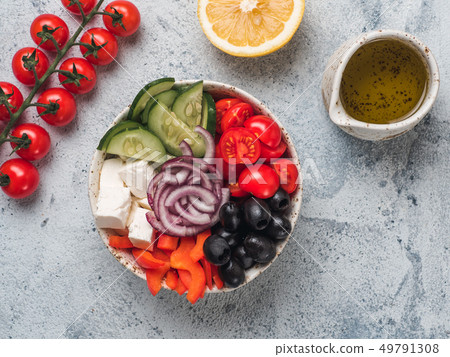 Greek Salad Bowl, copy space, top view 49791308
