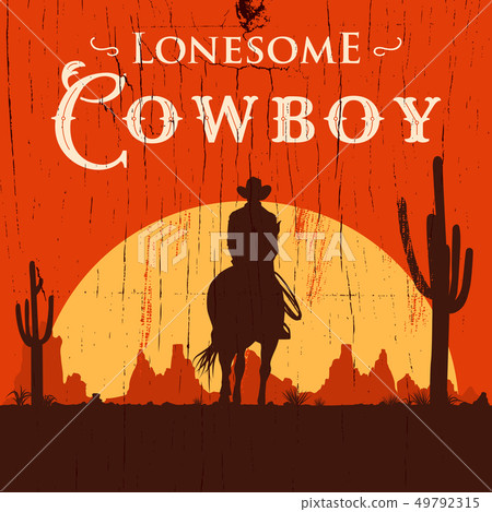 Silhouette of lonesome cowboy riding horse Silhouette of lonesome cowboy riding horse 49792315