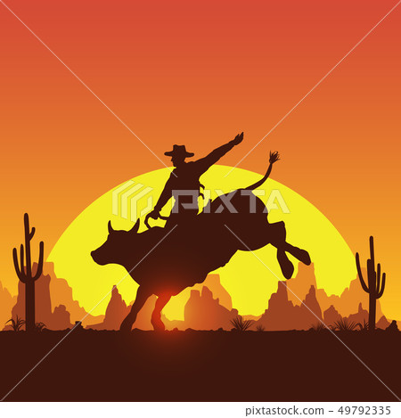 Rodeo cowboy riding bull at sunset, vector 49792335