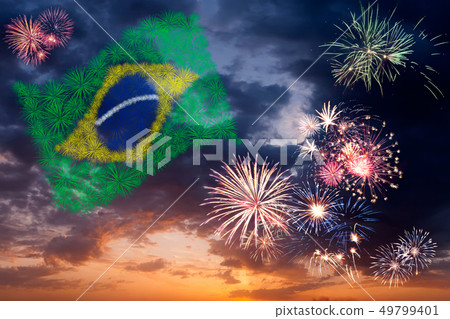 Holiday fireworks with national flag of Brazilia Holiday fireworks with national flag of Brazilia 49799401