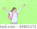Girls running on the lawn square (school bags, spring) 49801372