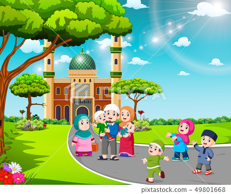 the children and parents are walking to the mosque the children and parents are walking to the mosque 49801668