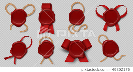 Wax seal. Realistic certificate stamps with ribbons and ropes, 3d medieval royal envelope labels Wax seal. Realistic certificate stamps with ribbons and ropes, 3d medieval royal envelope labels 49802176