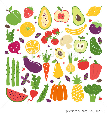 Doodle flat fruits and vegetables. Hand drawn berries potato onion tomato apples, vegetarian set 49802190