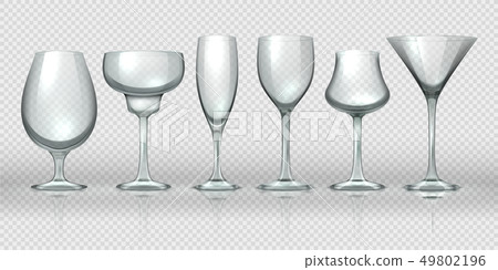 Realistic glass cups. Empty transparent champagne cocktail wine glasses and goblets. Vector 49802196