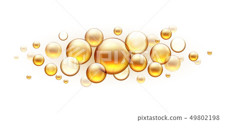 Golden oil bubbles. Cosmetic collagen serum, castor argan jojoba essence vector realistic template 49802198