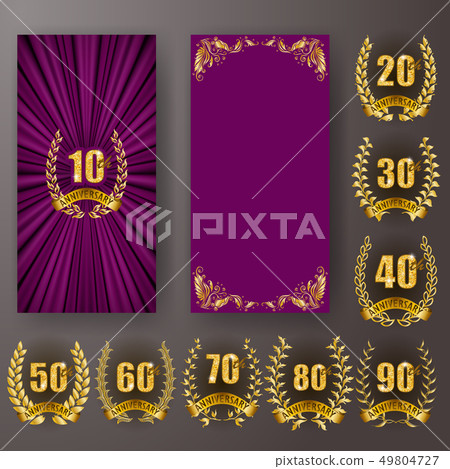 Set of anniversary card, invitation with laurel wreath, numbers. Decorative gold emblem of jubilee Set of anniversary card, invitation with laurel wreath, numbers. Decorative gold emblem of jubilee 49804727