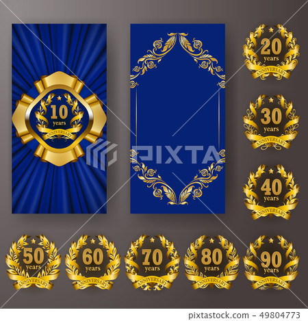 Set of anniversary card, invitation with laurel wreath, numbers. Decorative gold emblem of jubilee Set of anniversary card, invitation with laurel wreath, numbers. Decorative gold emblem of jubilee 49804773