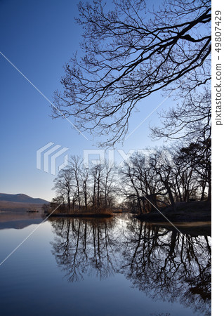 採取大沼清早風景在Onami公園在北海道Nanaecho在春天 49807429