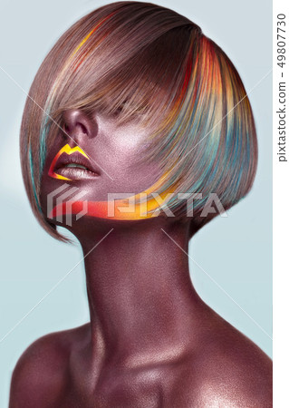 Beautiful Girl With Multi Colored Hair And Stock Photo