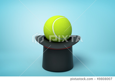3d rendering of black tophat upside down with tennis ball inside on light-blue background. 49808007