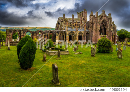 Graveyard and Ruins of Melrose Abbey in Scotland Graveyard and Ruins of Melrose Abbey in Scotland 49809394