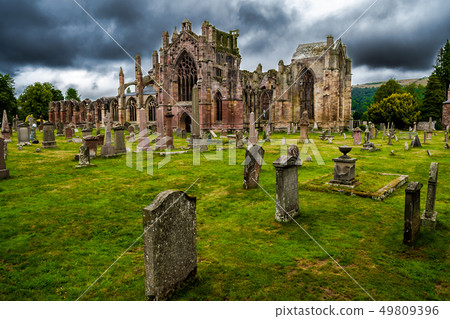 Graveyard and Ruins of Melrose Abbey in Scotland Graveyard and Ruins of Melrose Abbey in Scotland 49809396