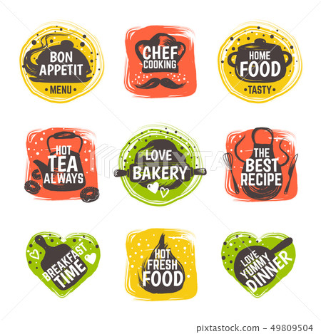 Food doodle logo. Restaurant kitchen badge, cafe cooking menu typography, bistro gastronomy recipe 49809504
