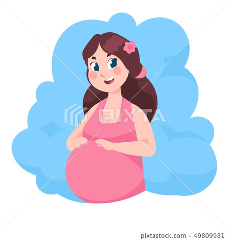Cartoon pregnant woman. Young mom with baby flat illustration, happy motherhood and childbirth Cartoon pregnant woman. Young mom with baby flat illustration, happy motherhood and childbirth 49809981