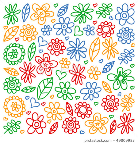 Vector set of child drawing flowers icons in doodle style. Painted, colorful, pictures on a piece of Vector set of child drawing flowers icons in doodle style. Painted, colorful, pictures on a piece of 49809982