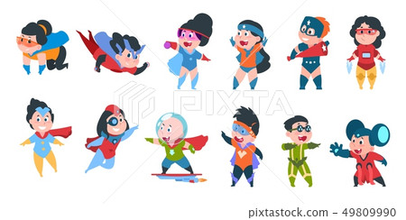 Superhero kids. Boys and girls in comic superhero costumes for party, cute children wearing colorful 49809990