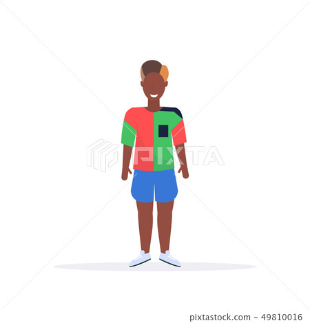 happy casual man standing pose smiling african american guy wearing shorts and t-shirt male cartoon 49810016