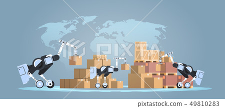 robots loading cardboard boxes hi-tech smart factory warehouse logistics automation technology 49810283