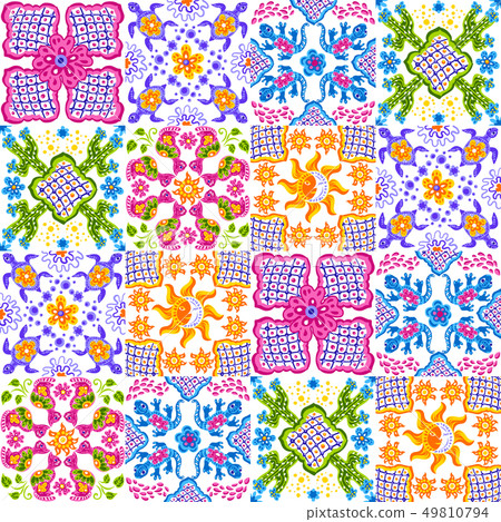 Mexican talavera ceramic tile pattern. Cute naive art items. Mexican talavera ceramic tile pattern. Cute naive art items. 49810794