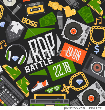 Rap music vector seamless pattern dj playing disco on turntable sound record illustration backdrop Rap music vector seamless pattern dj playing disco on turntable sound record illustration backdrop 49811795