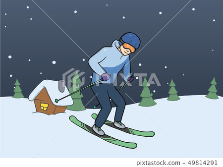 Mountain skiing, winter sport. Young man skiing on rural evening background. Vector illustration. 49814291