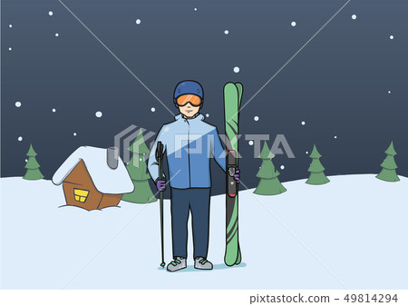Mountain skiing, winter sport. Young man with skis standing on rural evening background. Vector 49814294