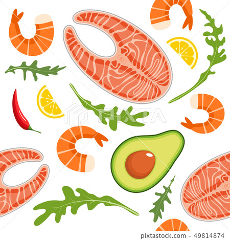 Seamless pattern on white background with shrimp, salmon, avocado, arugula and lemon slice. Seafood 49814874